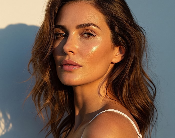 Woman with glowing skin and flowing hair.