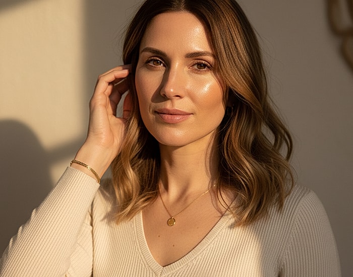 Woman softly illuminated in natural light.